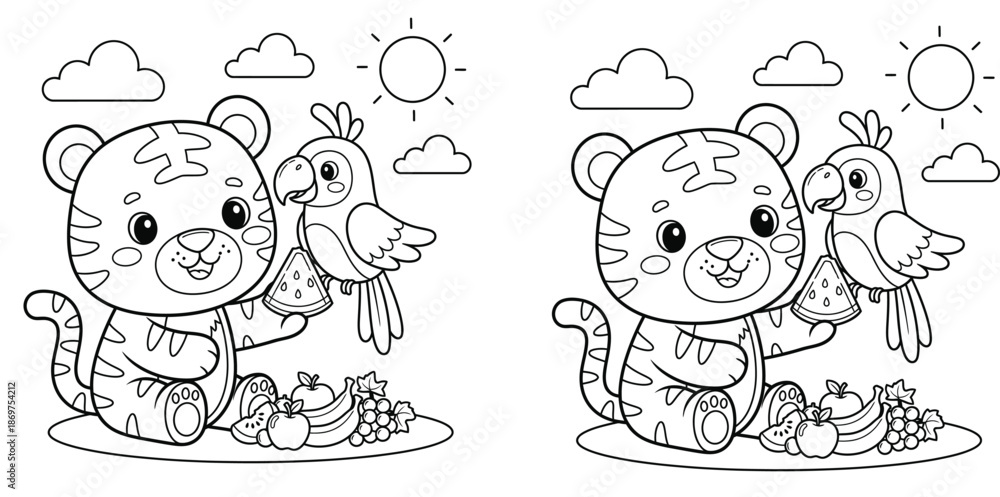 Obraz premium Kids Coloring Book Page with Cute Tiger and Parrot Sharing Fruit Picnic Outdoor Scene