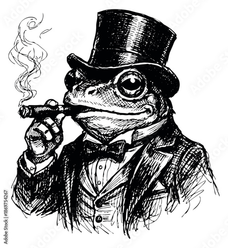 Hand drawn line art illustration of a gentleman frog depicting smoking a cigar and wearing a top hat for vintage character designs