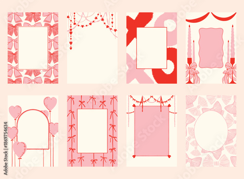 Set of 8 Hand-Drawn Romantic Frames with Hearts, Candles, Bows, Balloons, and Garland – Red, Pink, Beige Cute Decorative Borders