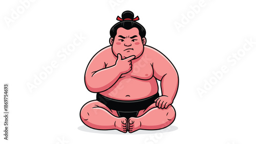 Thoughtful sumo wrestler sitting crosslegged contemplating strategy and focus.