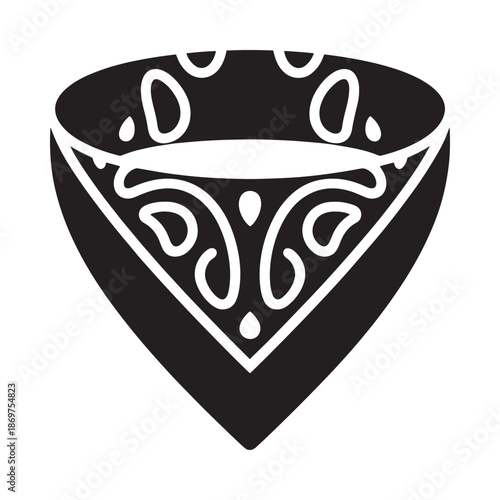 A black and white illustration of a patterned conical woven hat design