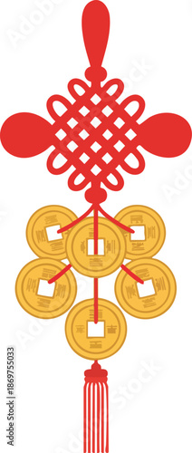 Chinese lucky knot with five ancient coins for wealth and prosperity