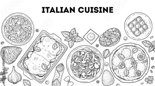 Italian cuisine top view frame. Italian food. Vector drawing illustration. Set of sketches of Italian dishes. Food menu design template. Not AI generated.