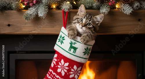 Cute tabby kitten peeking out of a christmas stocking hanging by fireplace with festive decorations and warm firelight with christmas kitten
