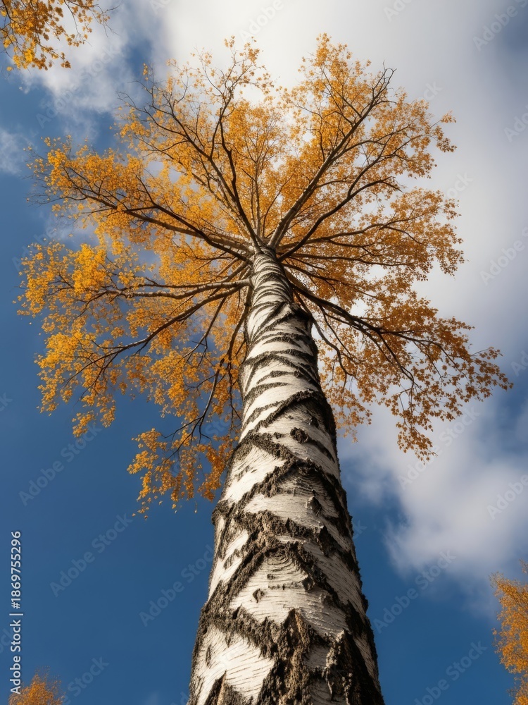 Fototapeta premium A low-angle view of a tall birch tree with a white, textured trunk and dark markings, rising dramatically toward the sky. Its branches spread wide overhead, filled with vibrant golden-yellow autumn.