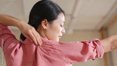 office syndrome in office worker concept, female touching her back suffering from muscle pain from sitting position during work.