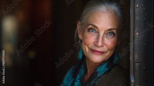 Portrait of an elegant senior woman with grey hair and blue eyes, smiling gently while leaning against a doorway