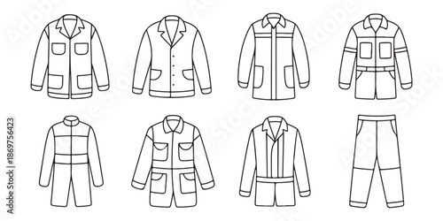 Collection of various workwear outfits and jackets line art style.