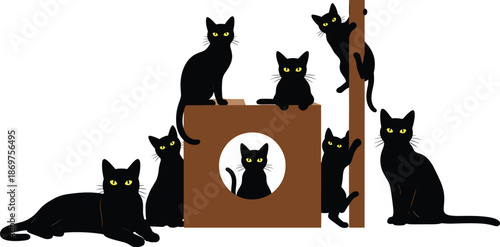 Black cat illustration group, playful feline characters with box and scratching post, cute cartoon style, pet behavior concept artwork