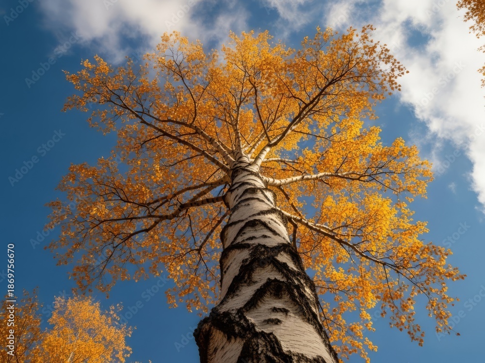 Fototapeta premium A low-angle view of a tall birch tree with a white, textured trunk and dark markings, rising dramatically toward the sky. Its branches spread wide overhead, filled with vibrant golden-yellow autumn.