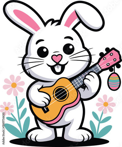 Cute Easter Bunny Playing Ukulele Vector Illustration