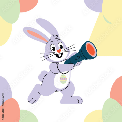 Easter Bunny Hunting with Flashlight Flat Cartoon Illustration