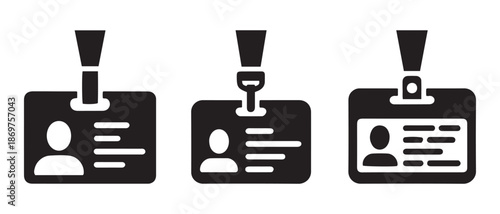 Black and white ID badge icons with lanyards. on white background.