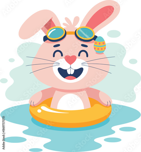 Easter Bunny Swimming with Goggles in Yellow Inflatable Ring.