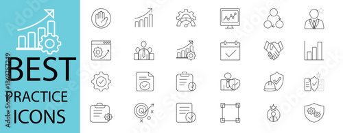 Best practices icon set. Containing workflow, guidelines, performance, standards, improvement, protocols, procedures and methodology. Solid vector icons collection Editable.