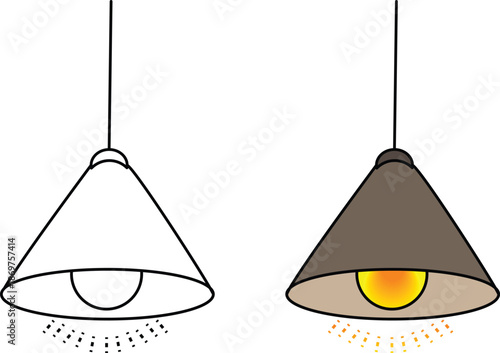 Minimal pendant lamp icon outline and colored hanging light illustration