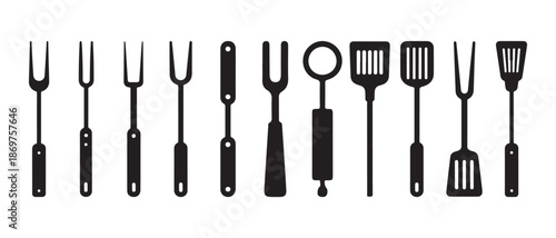 Black silhouette kitchen utensils set, grilling tools icons.