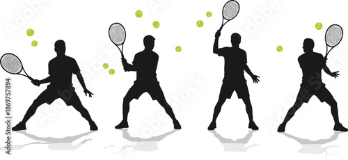 Tennis player silhouettes, racket action poses, green ball motion, sports movement, athletic stance, game technique, fitness illustration, dynamic vector art
