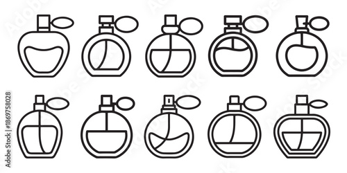 Collection of perfume bottles line art, fragrance illustrations, black and white.