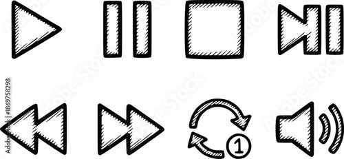 hand drawn audio and video player icon set, elements designed with solid black fills, no strokes and no white background