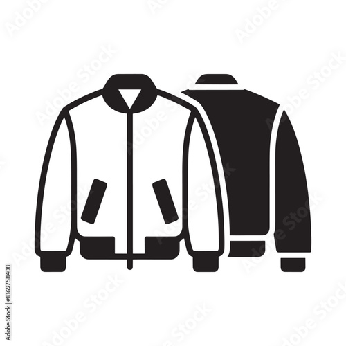Simple black and white illustration of a jacket and cap displayed side by side