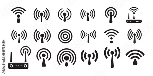 Wi-Fi Signal Icons. Antennas, Router, Wireless Network Broadcast Icons Set.