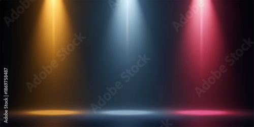 Abstract colorful light background with glowing spotlights on a dark blue stage backdrop at night