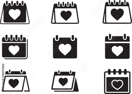 Love Calendar Heart Icons Vector Set, Love Silhouette Icon Set, Wedding Date Symbol Set, Anniversary Vector Set, Heart Symbol Set.