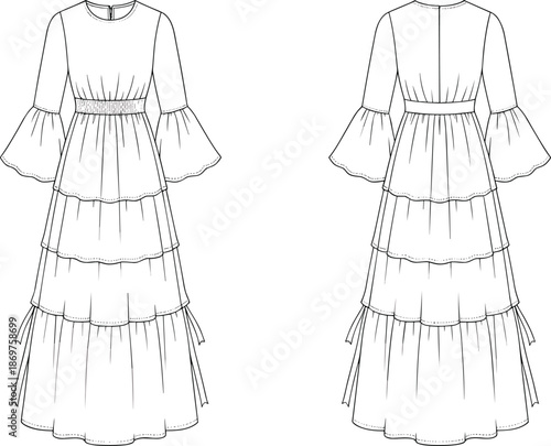Tiered dress sketch, flared sleeve design, fitted bodice, gathered skirt, fashion illustration, sewing pattern, garment construction, technical drawing
