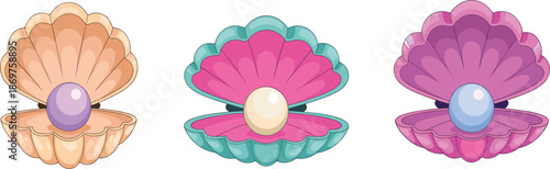 Set of open seashell vector illustrations with shiny pearls, colorful scallop shells for ocean and summer designs
