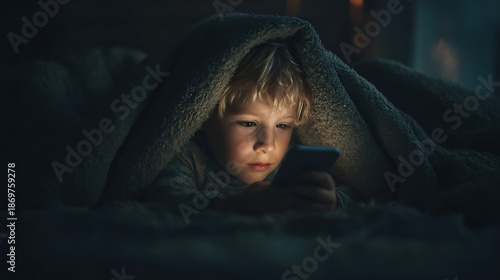Young child secretly uses mobile device while hidden under warm blanket in darkness