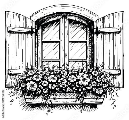 Hand drawn line art illustration of a rustic window depicting open shutters and a blooming flower box for home decor