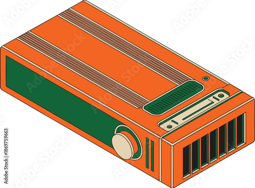 Orange and green isometric device shows brown stripes, a control knob vector on white background.