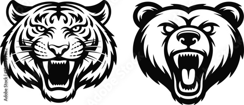 Aggressive tiger and grizzly bear head vector illustrations, black and white wild animal mascot logos with open mouths