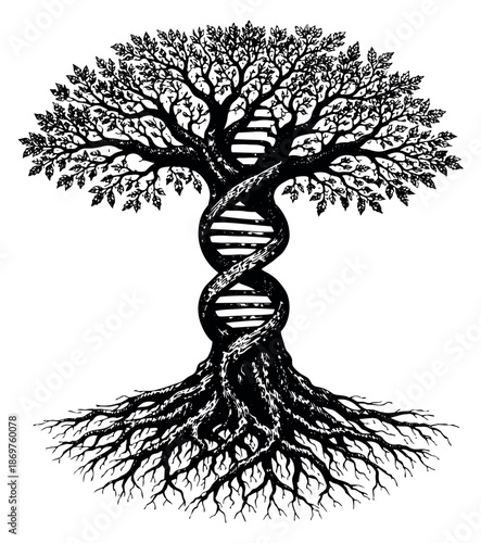 Hand drawn illustration of a genetic tree depicting dna structure for biology and science concepts