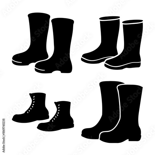 Collection of diverse boot styles in black silhouette perfect for design projects