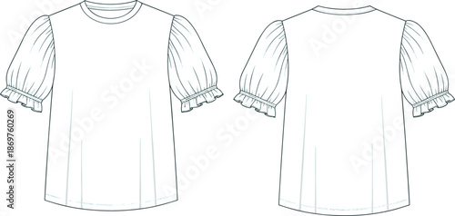 Top sketch, puff sleeves, ruffled cuffs, round neckline, fashion flat, garment design, clothing template, apparel illustration, vector outline, feminine style