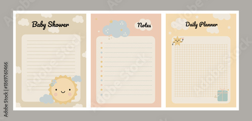 A set of 3 pages for a planner in a cute children's style with a sun, stars, and a gift. Vertical pages for a diary.