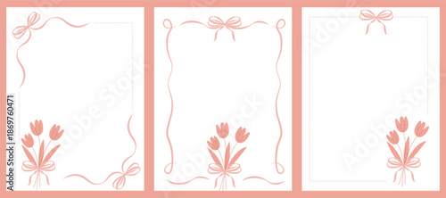 A set of 3 cards in a cute romantic style with a bouquet of tulips and a bow. Vertical cards.