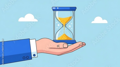 Businessman's hand carefully presenting a sparkling hourglass filled with yellow sand illustrating the concept of limited time management or deadline pressure.