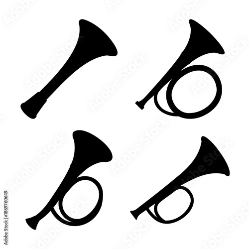 Collection of four distinct black silhouettes of brass instruments, including various horns and trumpets