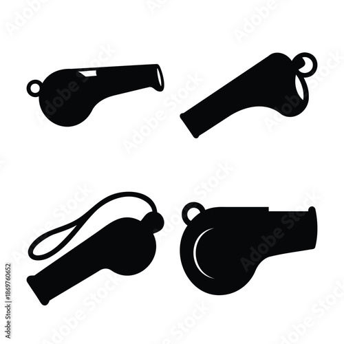 Collection of four black whistle icons or silhouettes, ideal for sports and warning visuals