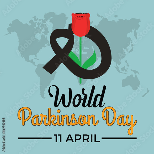 World parkinson day awareness ribbon with a red tulip and world map background