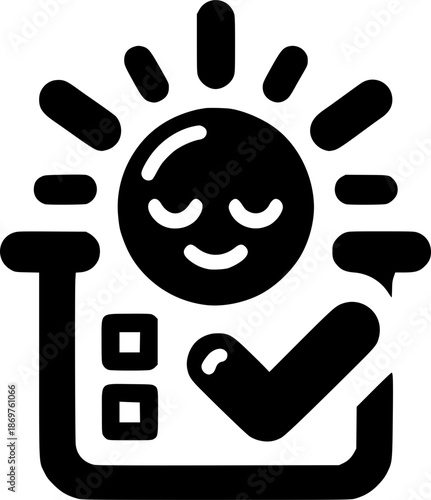 Sun checklist success: A minimalist illustration depicts a smiling sun with checkmark symbol, conveying themes of positivity and completion.