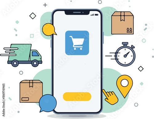Flat lay of a smartphone with an e-commerce app on the screen, surrounded by delivery truck, packages, clock, map pin, and chat bubbles on a white background with a colorful and modern