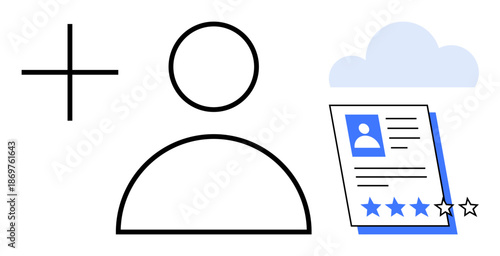 Plus sign, user avatar, document with profile picture and star ratings, cloud in background. Ideal for recruitment, HR, performance evaluation, data storage, user management account creation