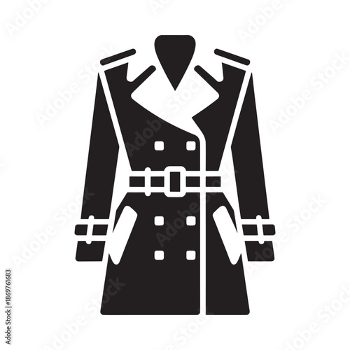 Simple black and white icon depicting a classic women s trench coat