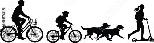 Active outdoor lifestyle silhouette set with man on bicycle boy on bike running dogs and girl on scooter for park