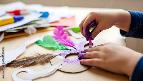 Child hands applying purple glitter to a handmade carnival mask with colorful feathers at a craft table. Photography style