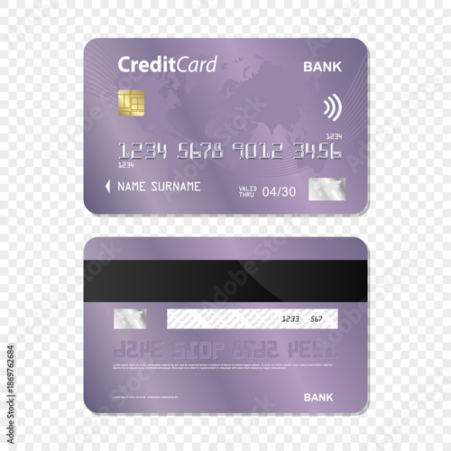 Set of Purple Bank card transparent background. Bank card design. Bank Card Mockup
